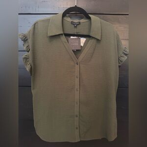 Pleione Olive Green Ruffled Button Down Short Sleeve Top